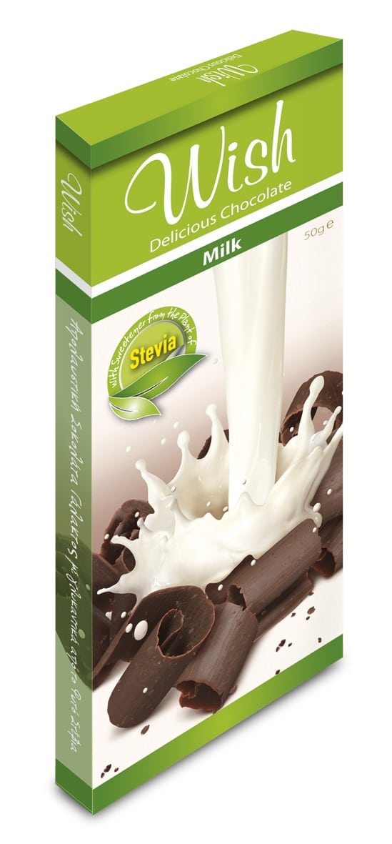 Real Milk Chocolate w Stevia "Wish Chocolate' 12pcs X50gr Αυθεντική Σοκολάτα Γάλακτος με Στέβια 'Wish Chocolate' 12τεμ Χ 50gr