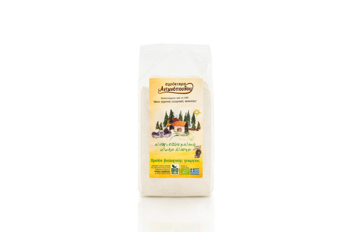 Organic Whole Meal Soft Flour 'ANTONOPOULOS FARM' 1Κgr Αλεύρι μαλακό Ολικής άλεσης από τοπική γηγενή ποικιλία βιολογικής γεωργίας Το αλεύρι από μαλακό σιτάρι, έχει χαρακτηριστική αλευρώδη υφή,